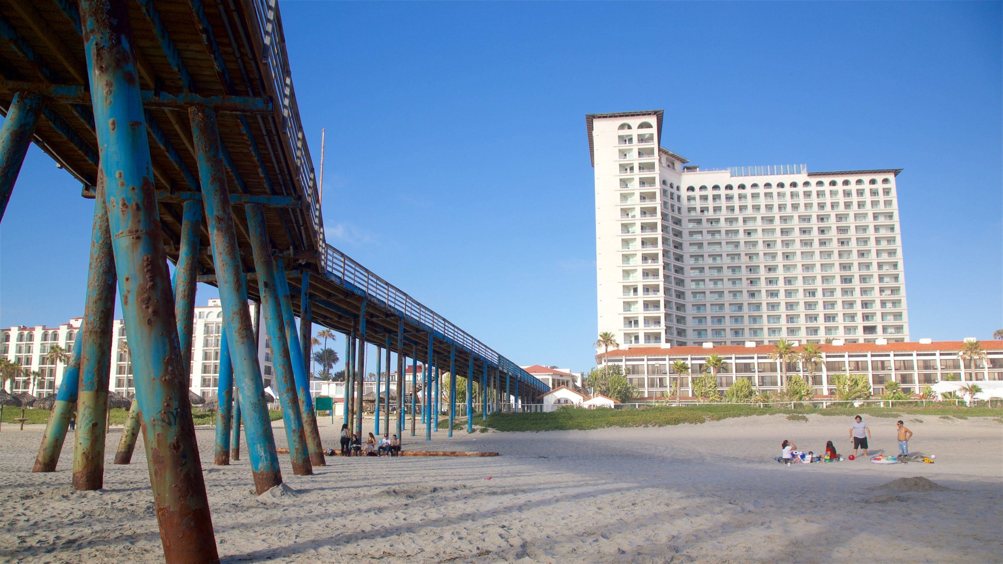 A beach with a pier, palm trees, and a hotel in the background.