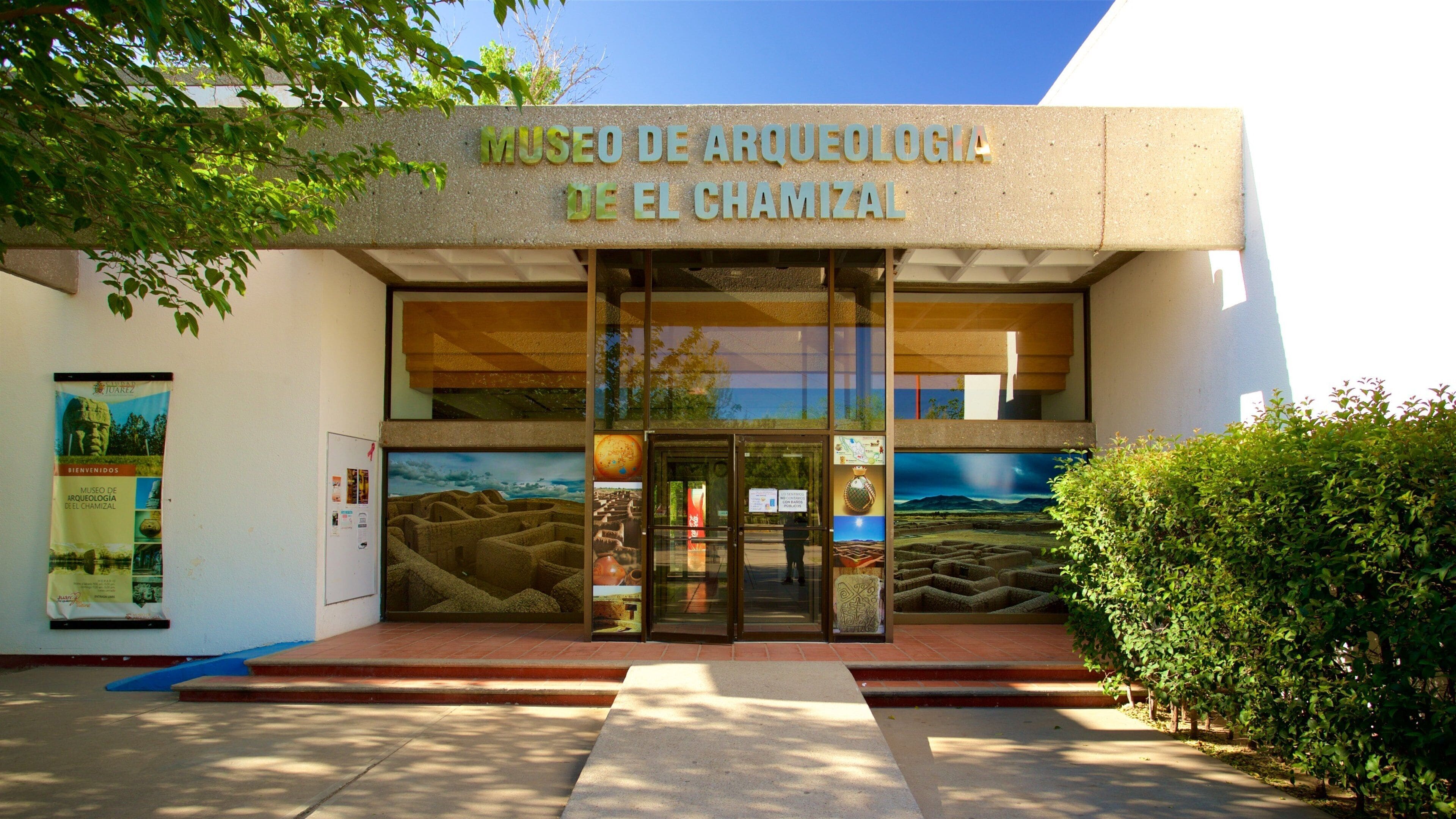 La entrada al Museo de Arqueología De El Chamizal, con un amplio frente de vidrio y un letrero sobre las puertas.