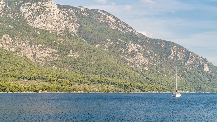 Private boat in the great Mediterranean landscape of Akyaka village in Mugla
