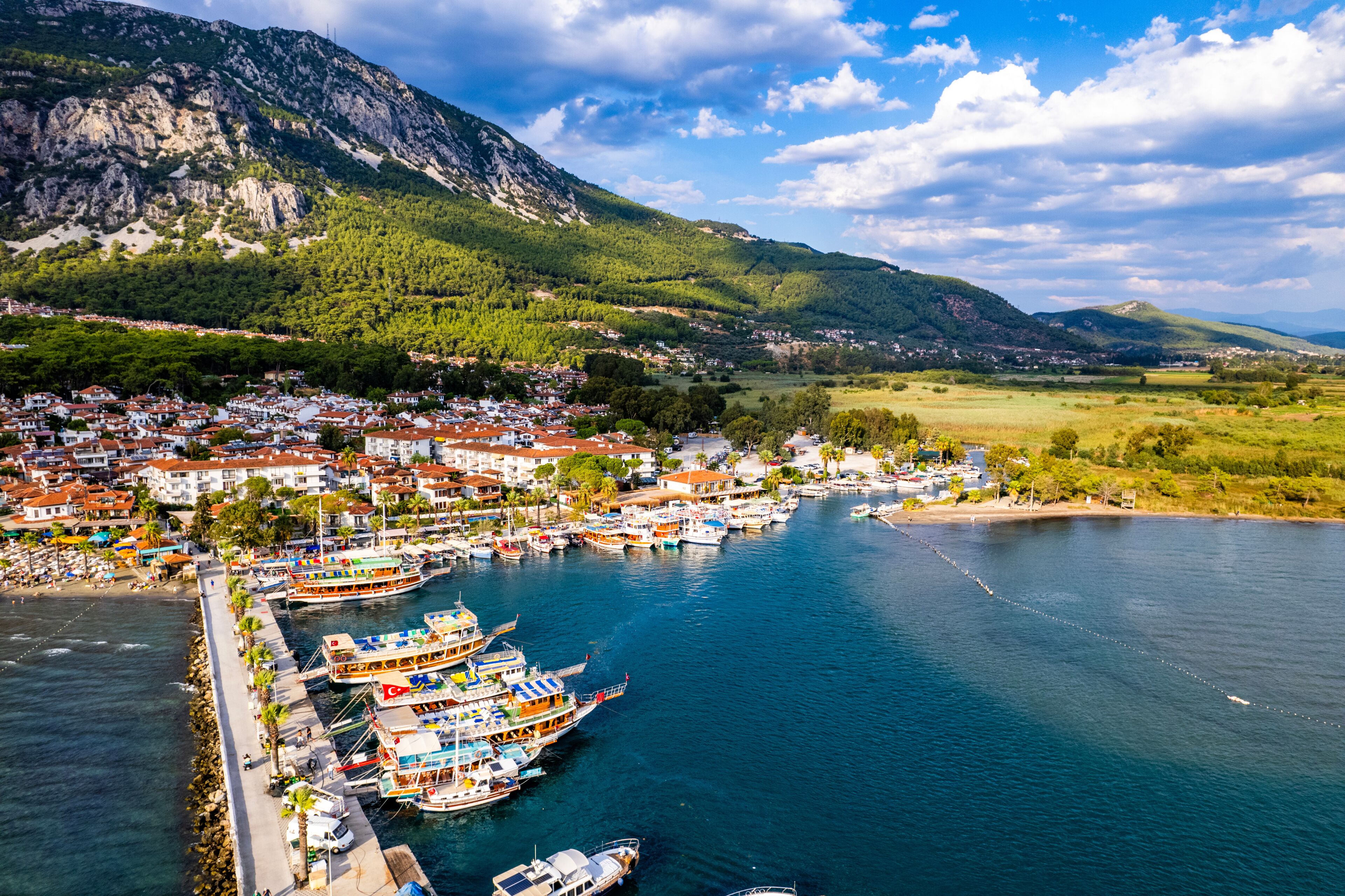 Akyaka District in Ula, Mugla, Turkey. Aerial view of Akyaka. Akyaka is situated at the Gulf of Gokova. Beautiful beach and coast view.