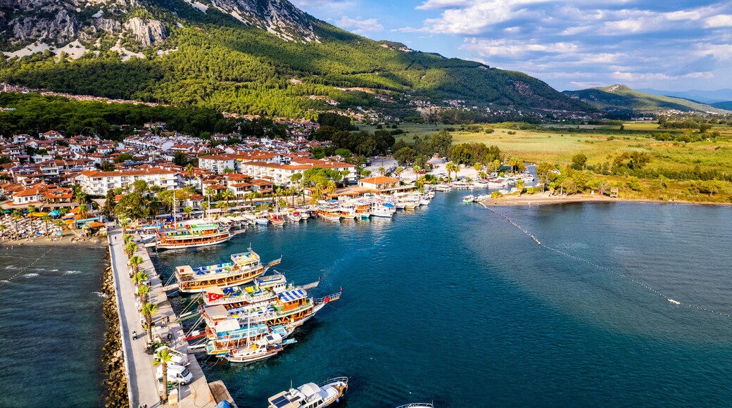 Akyaka District in Ula, Mugla, Turkey. Aerial view of Akyaka. Akyaka is situated at the Gulf of Gokova. Beautiful beach and coast view.