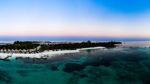 Aerial view, island Olhuveli with Beachbungalows, South Male Atoll, Maldives