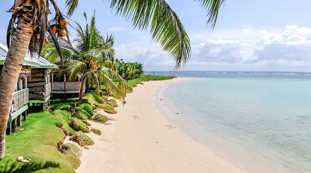 Panorama over Manase Beach, Savai'i Island, Samoa, South Pacific - with people in water and traditional beach fale accommodation