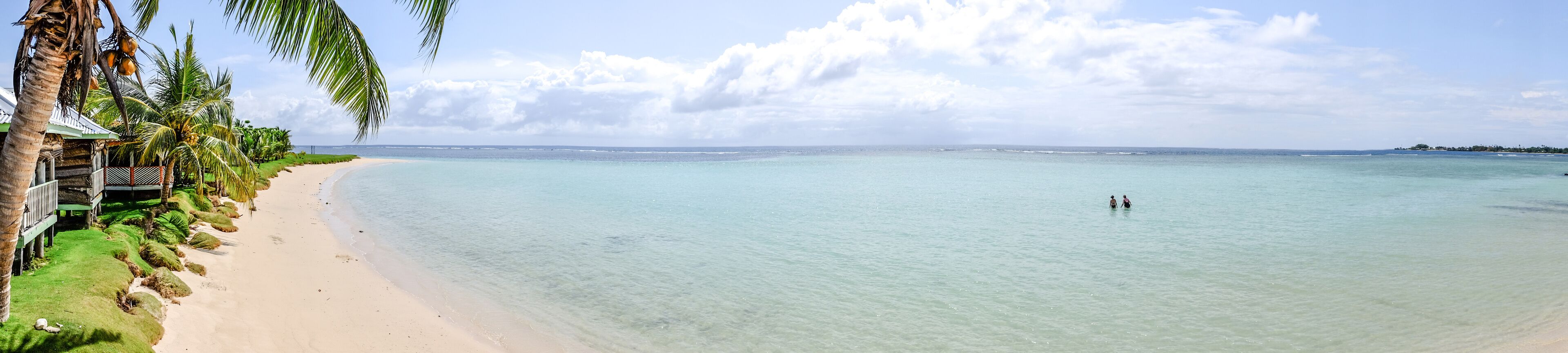 A beach with clear turquoise water, palm trees, and a distant shoreline.
