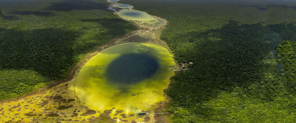 Aerial view of the Siijil Noh Ha cenote surrounded by dense tropical jungle and lush vegetation in Felipe Carrillo Puerto, Quintana Roo, Mexico.
