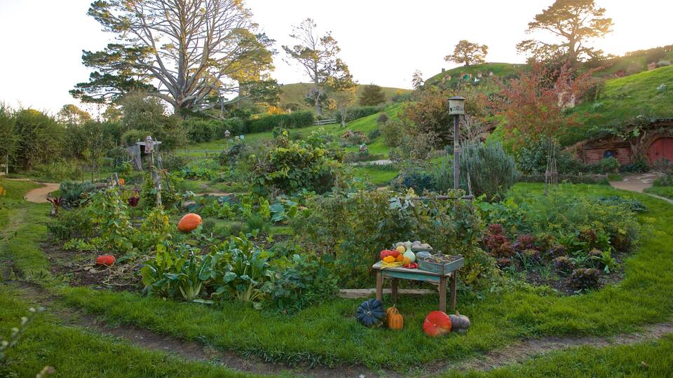 A lush garden with various plants, a wooden bench, and a small house with a red door.