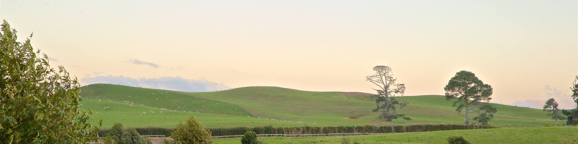 Hobbiton Movie Set featuring a sunset, landscape views and tranquil scenes