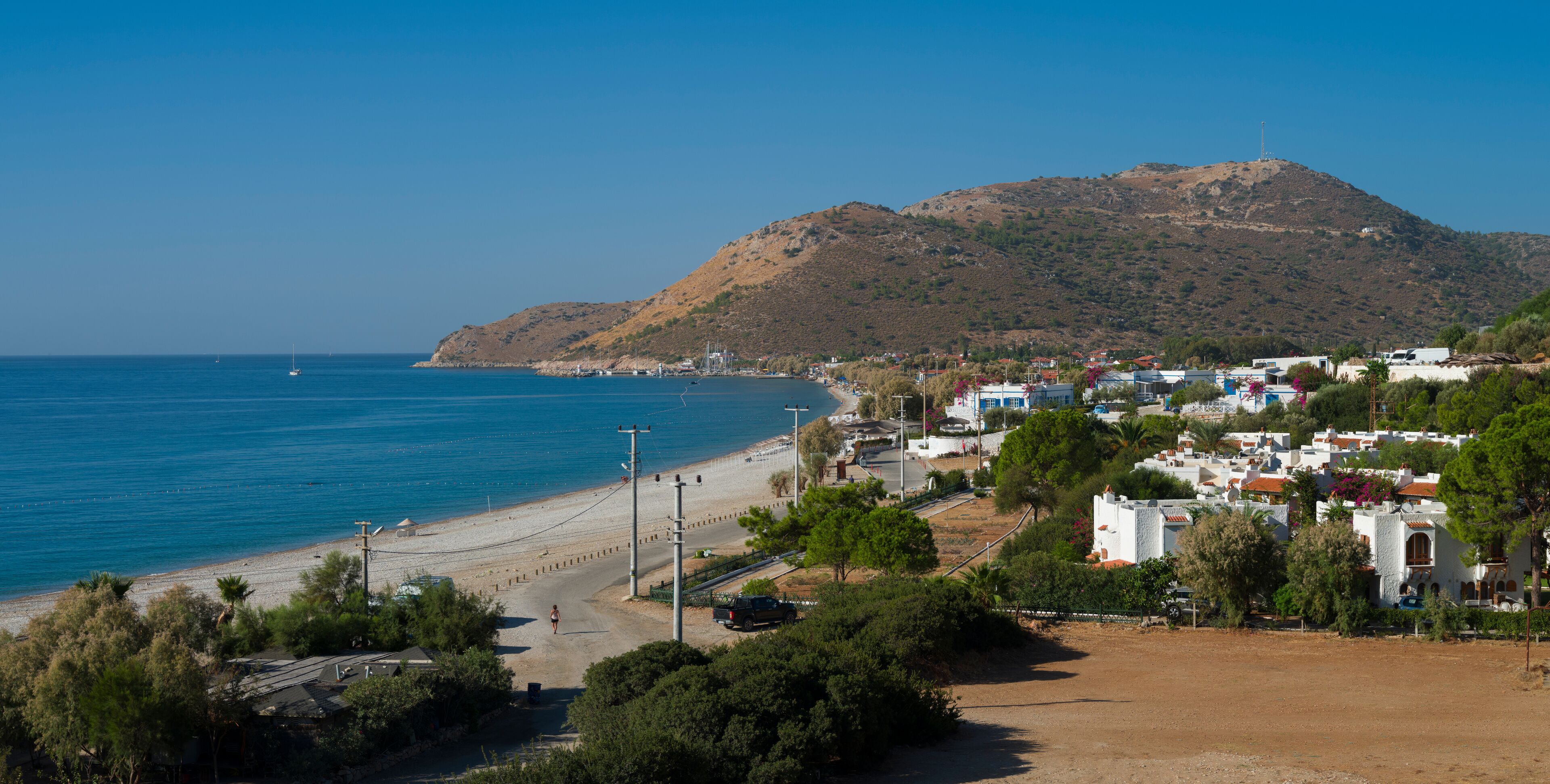 Panoramic view of Palamutbuku beach in the morning. Holiday destination where the Aegean and Mediterranean meet. Datça district of Mugla, Turkey