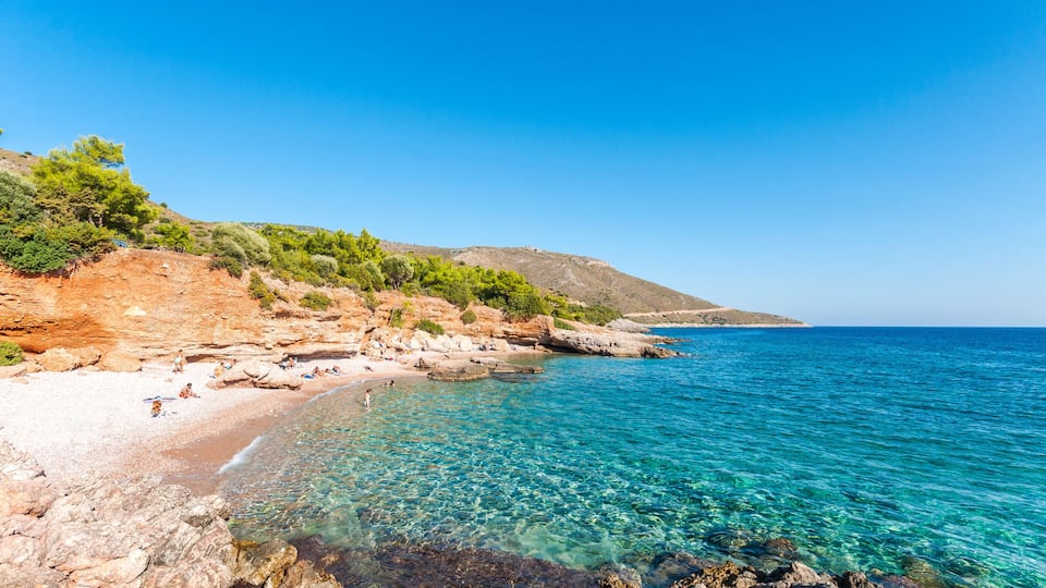 A clear blue sea, rocky shore, and green vegetation.