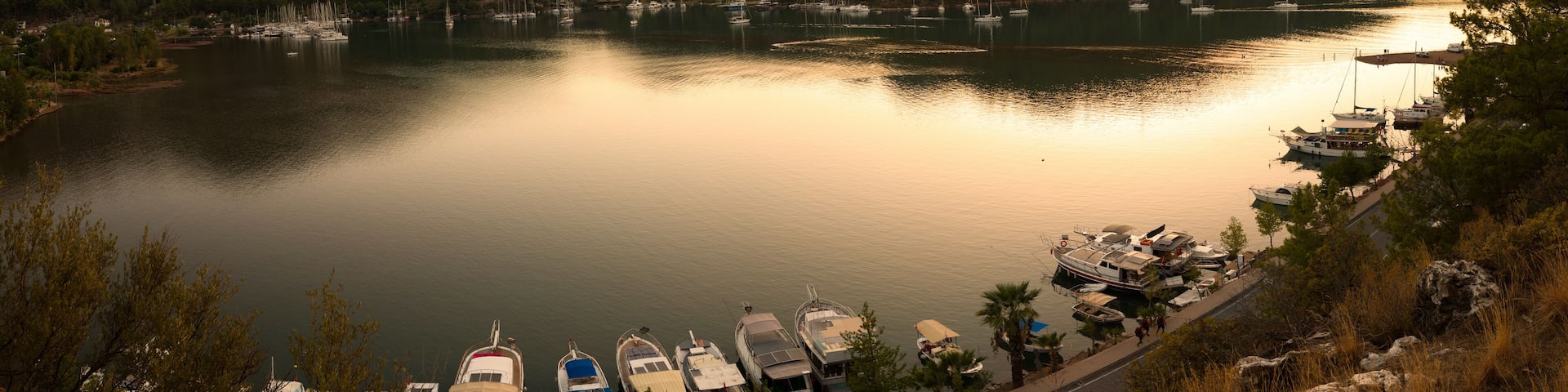 Sunset panorama at Kizkumu beach. Natural formation in Orhaniye bay. Bozburun peninsula. Marmaris district Mugla province, Turkey