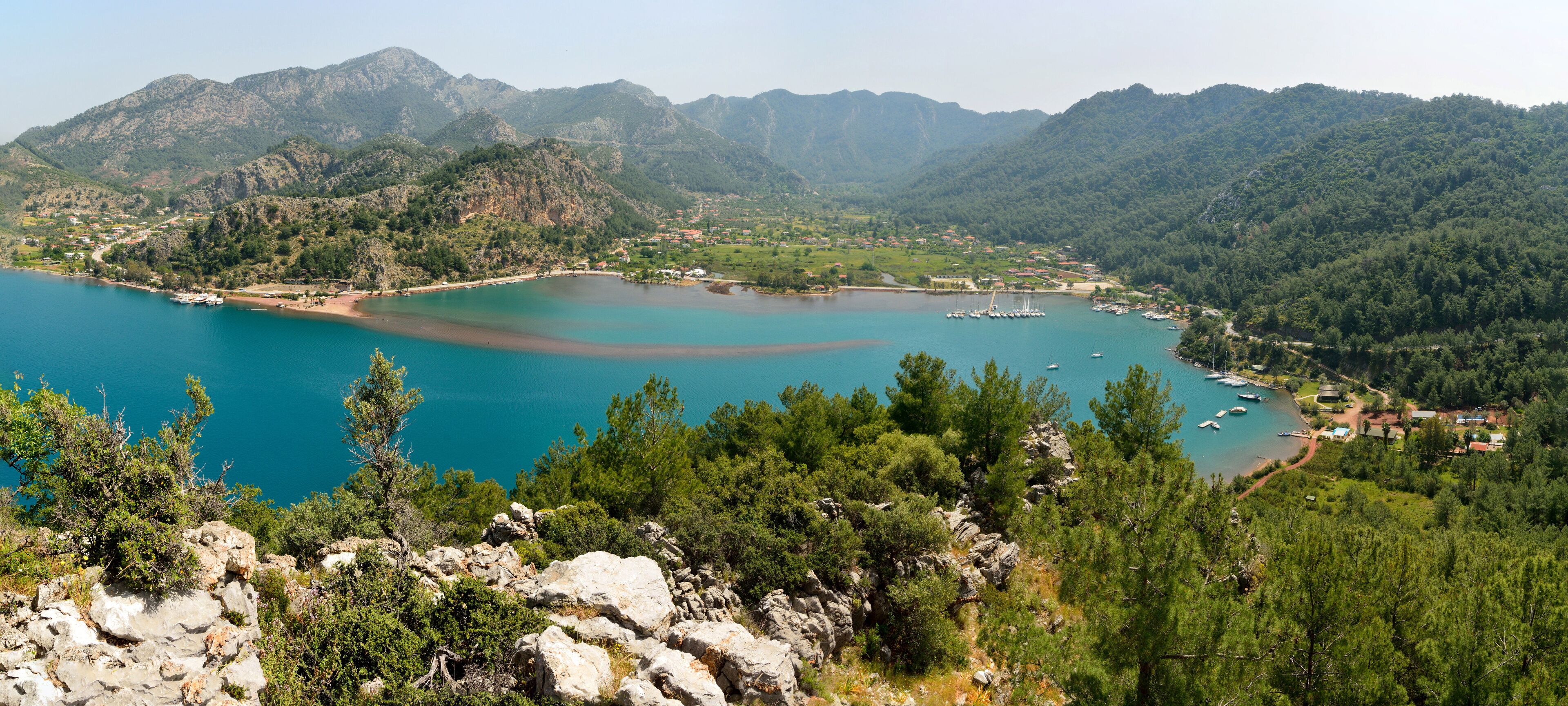 Panoramic view over Orhaniye village and Kizkumu beach near Marmaris resort town in Turkey.