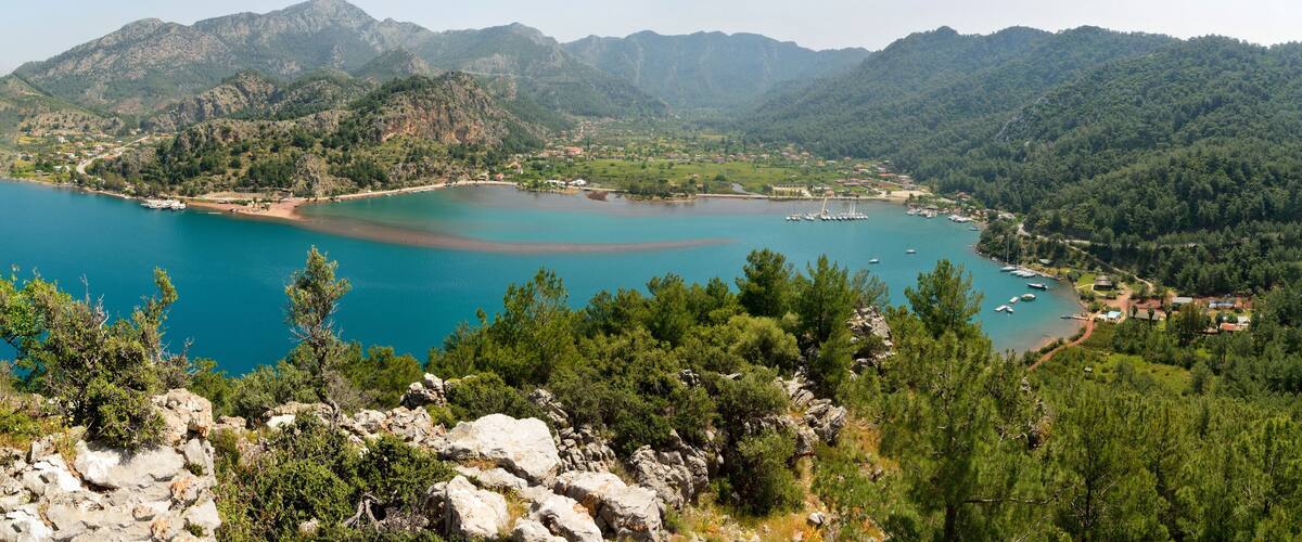 Panoramic view over Orhaniye village and Kizkumu beach near Marmaris resort town in Turkey.