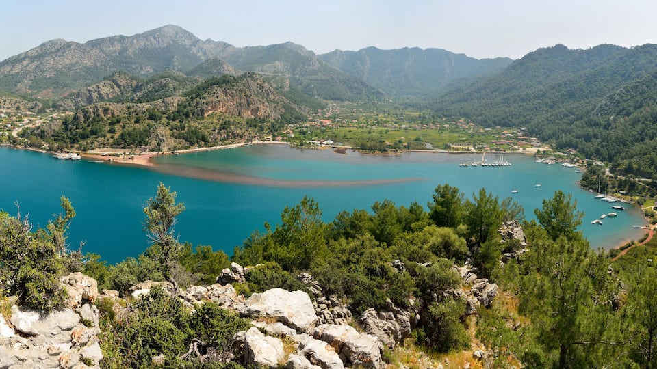 Panoramic view over Orhaniye village and Kizkumu beach near Marmaris resort town in Turkey.