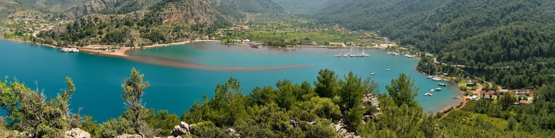 Panoramic view over Orhaniye village and Kizkumu beach near Marmaris resort town in Turkey.