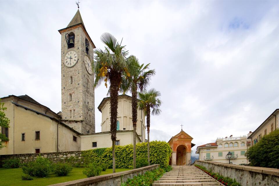A historic church with a tall bell tower, palm trees, and a stone staircase leading to the entrance.