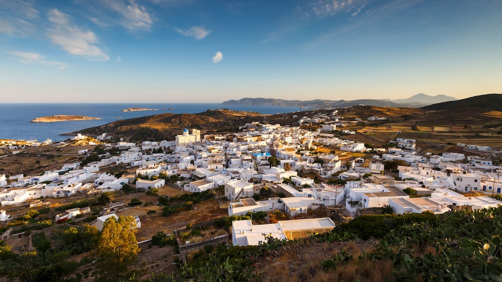 Chora village on Kimolos and Milos island in the distance.