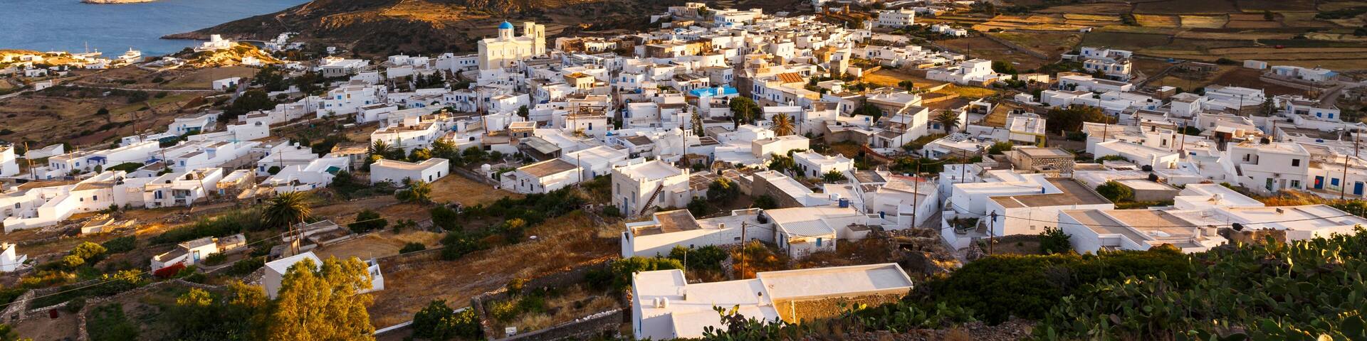 Chora village on Kimolos and Milos island in the distance.