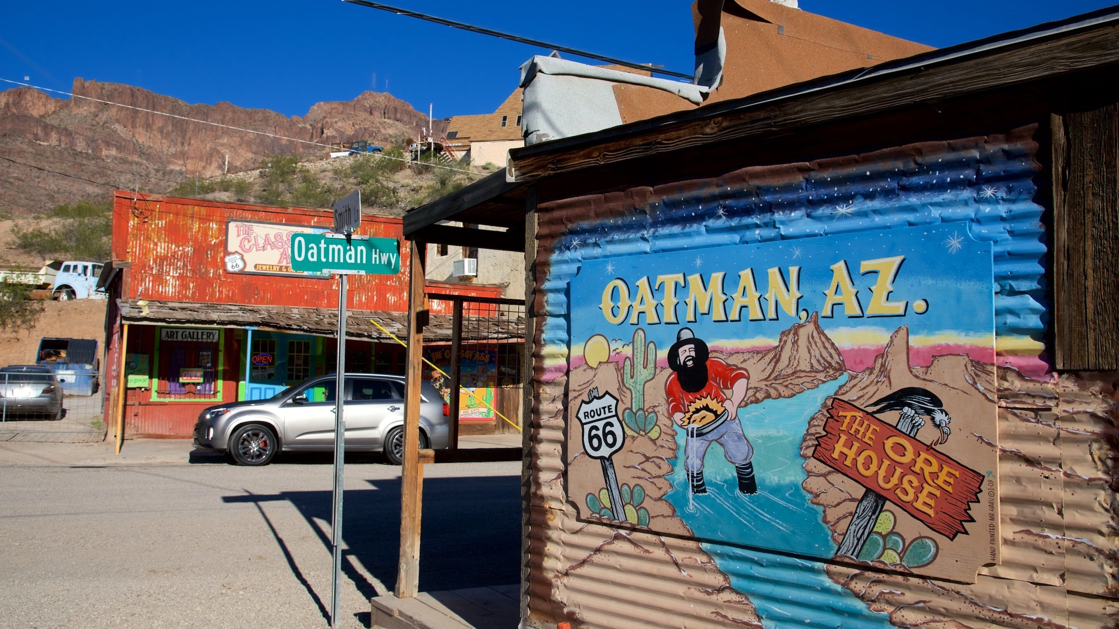 Oatman showing signage and outdoor art