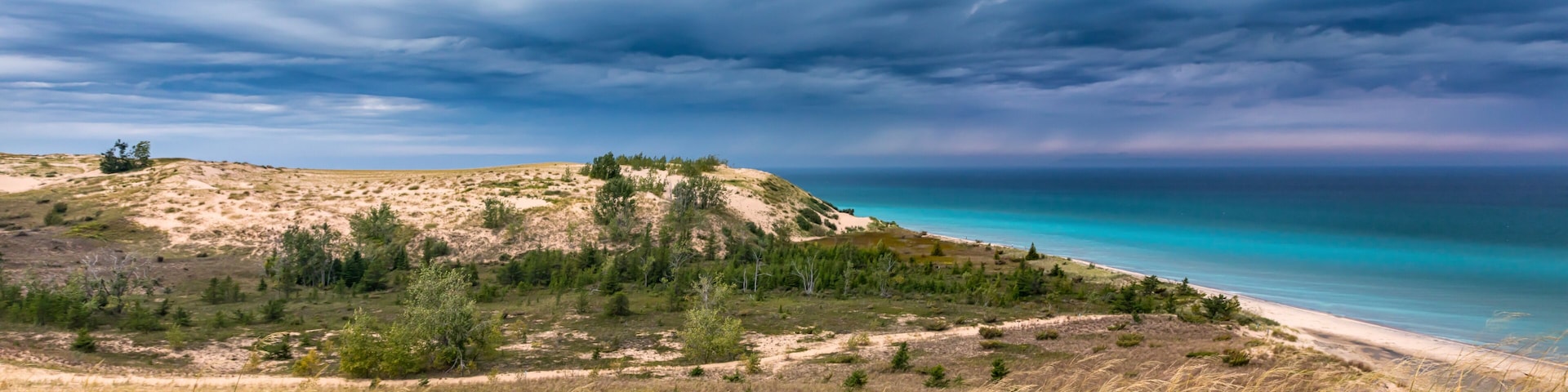 Paisaje costero con dunas, vegetación escasa y una playa.