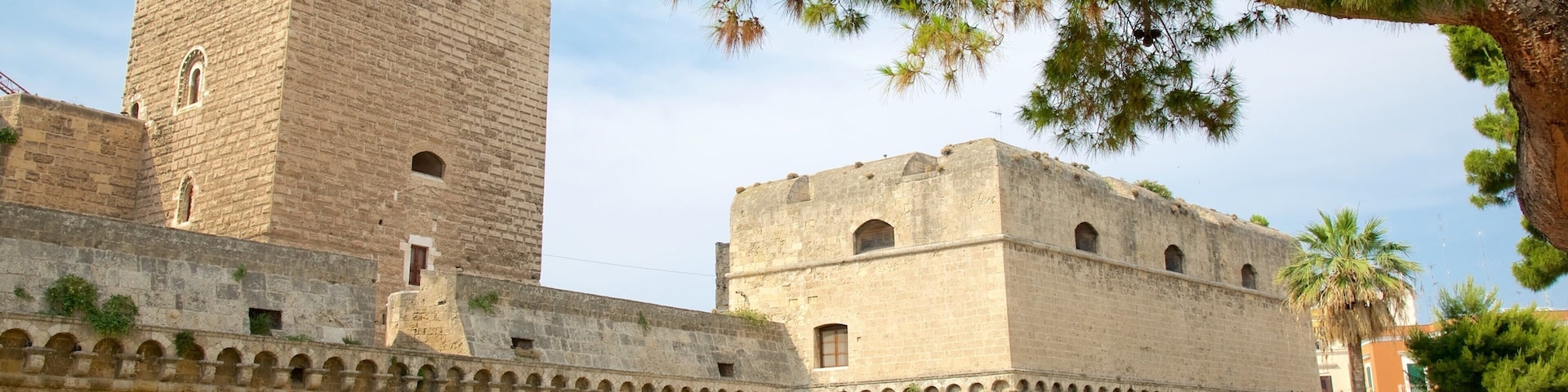 Uma fortaleza de pedra histórica com janelas em arco e uma torre central imponente.