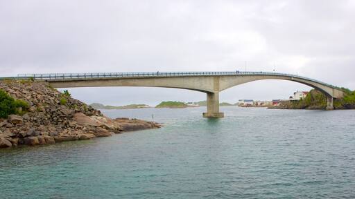 Henningsvaer Bridge showing general coastal views and a bridge