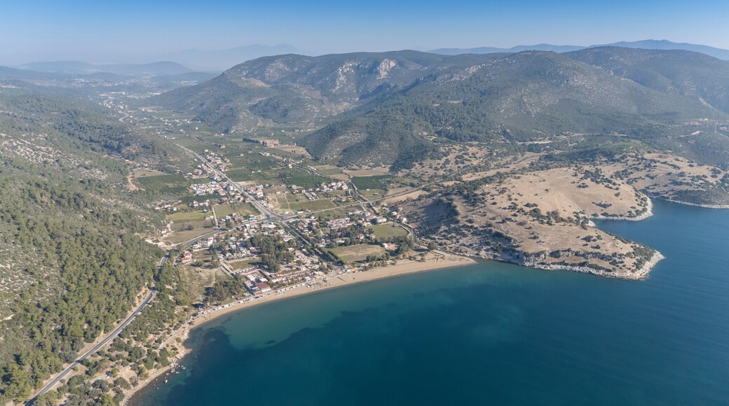 Aerial view over Ahmetbeyli coastal resort town in Menderes district of Izmir province in Turkey.