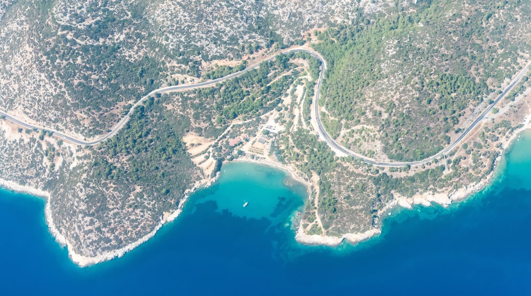 Aerial view over Kargacik koyu bay in Ahmetbeyli coastal resort town in Menderes district of Izmir province in Turkey.