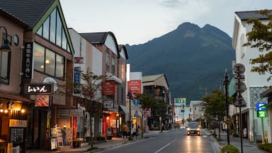Une rue bordée de boutiques et de restaurants, avec une montagne en toile de fond.