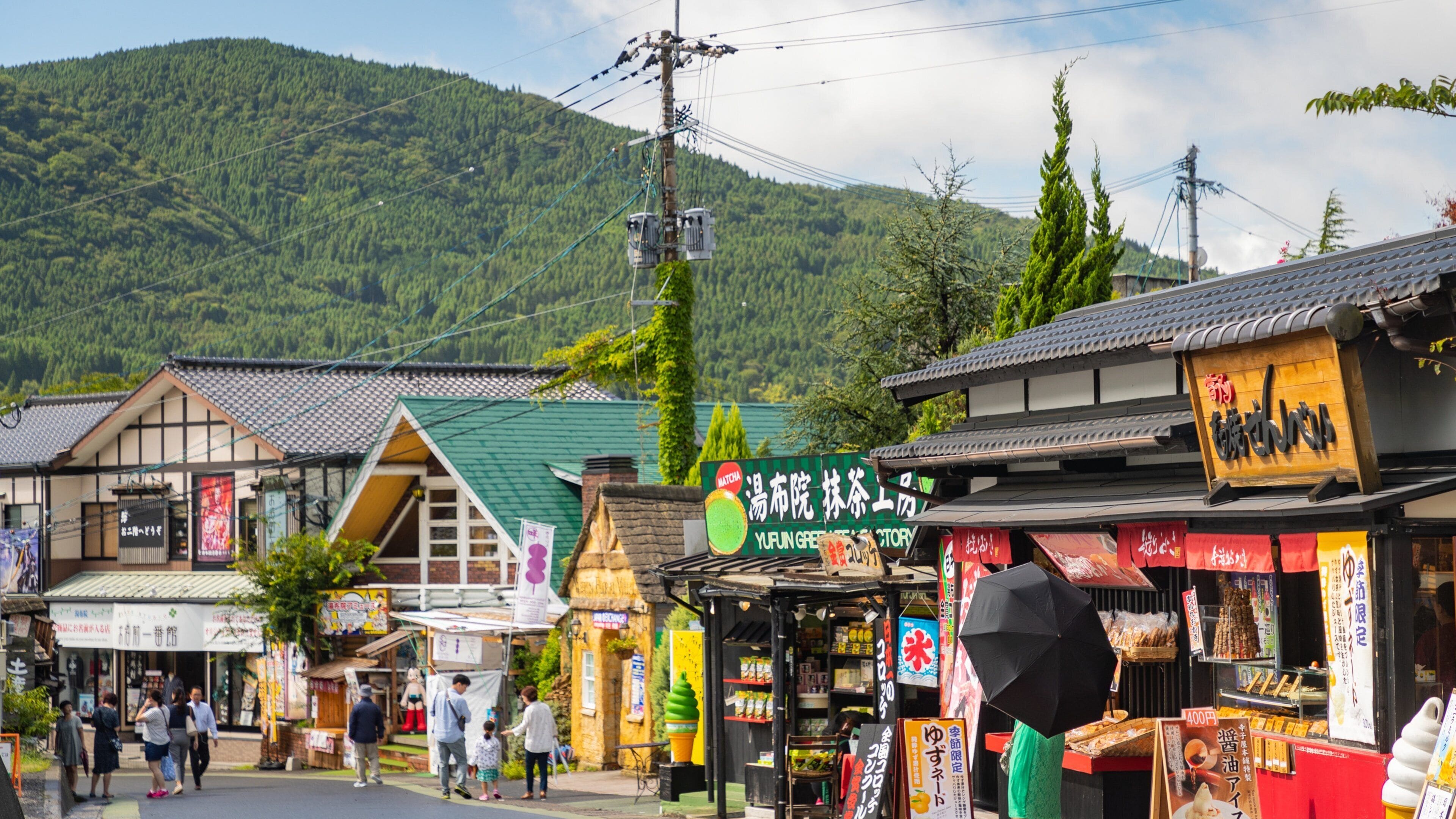A street with shops and a mountain in the background.