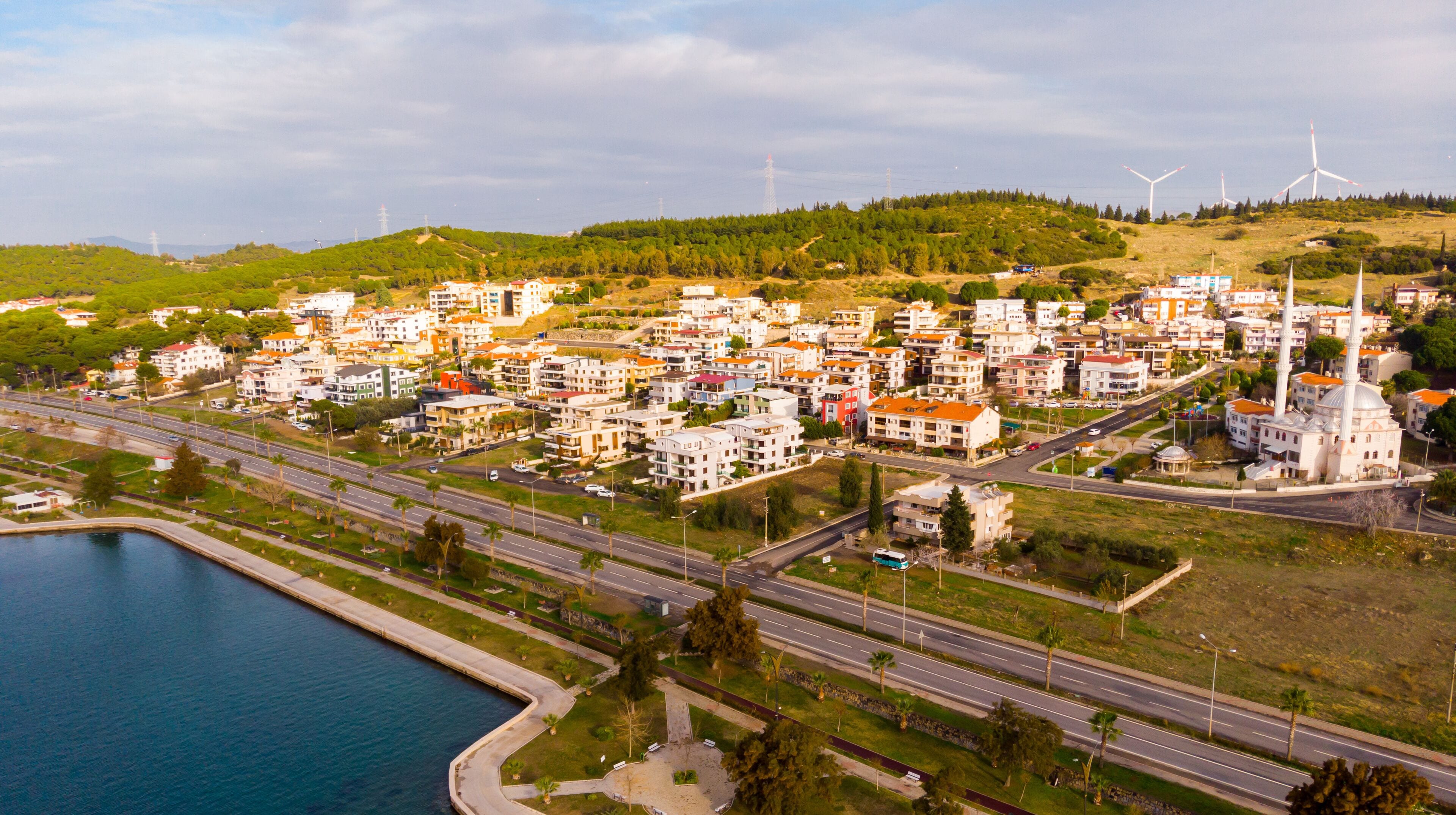 Aerial view of the port and mountains in Aliaga, the Aegean region of Turkey