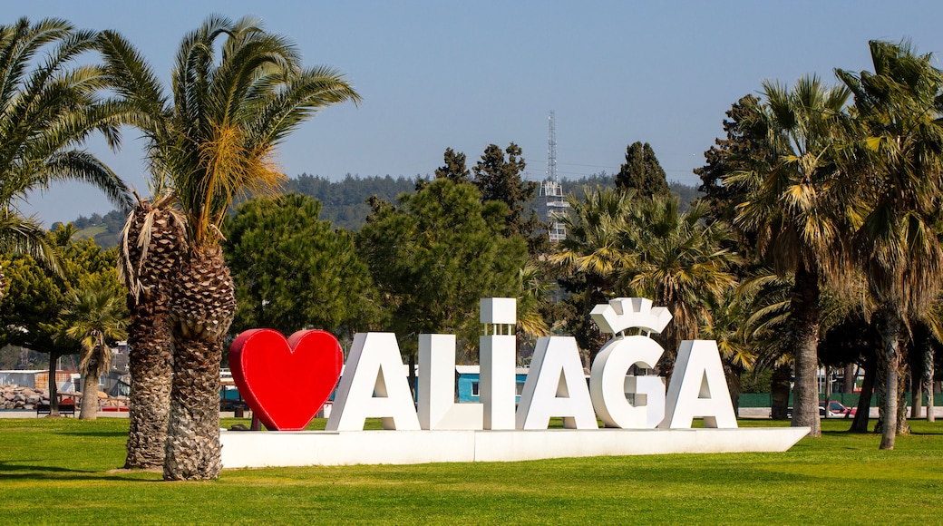 I Love Aliaga City Landmark Sign with Palm Trees in Public Park Izmir Turkey