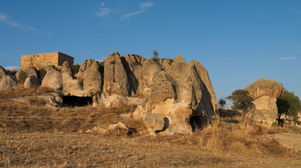 Historical Forty Stairs Rock and Phrygian rock chambers by Lake Emre. Phrygian valley. Travel destinations in Turkey. Ihsaniye district, Afyonkarahisar city