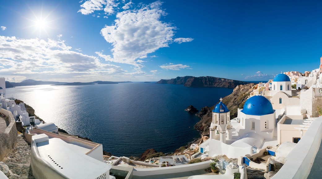 Oia village panorama, view of Ia town, Santorini island, Greece