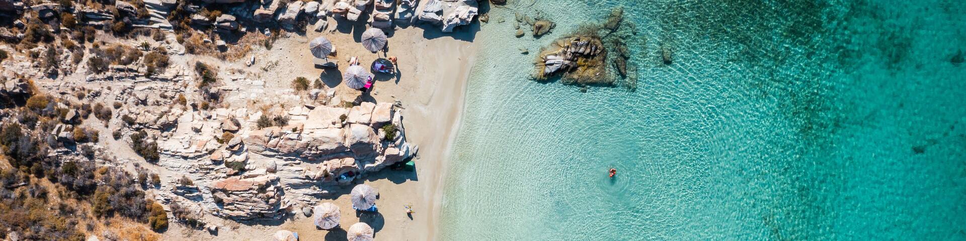 Aerial view of Kolimpithres beach and sea, Paros, Greece