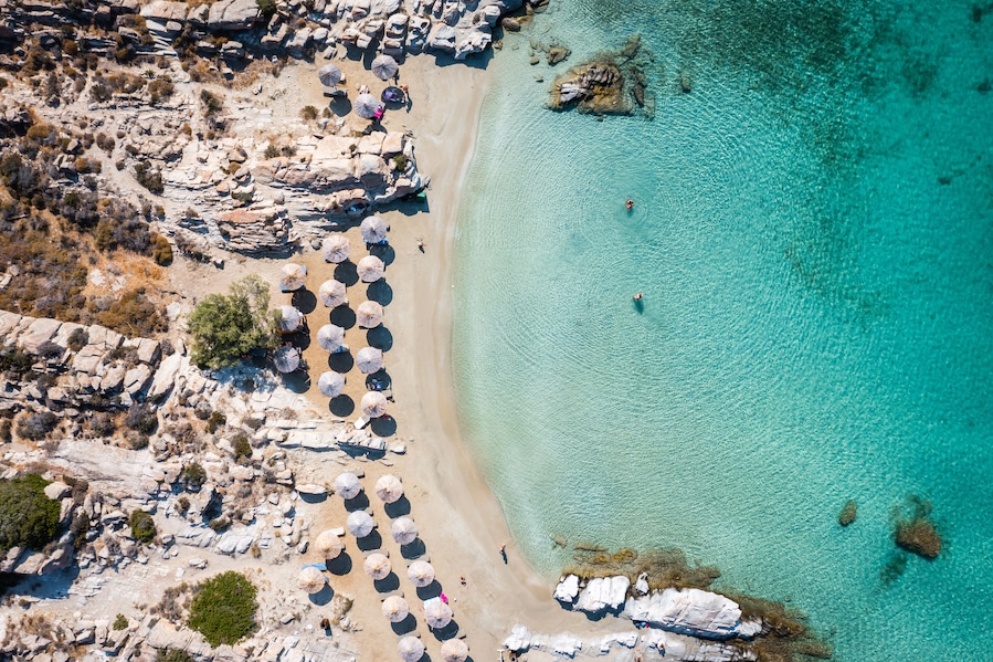 Aerial view of Kolimpithres beach and sea, Paros, Greece