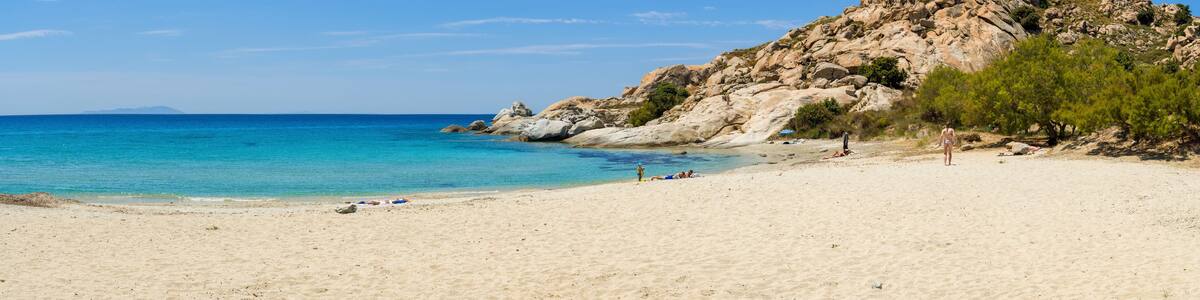 Panoramic view of Mikri Vigla beach on Naxos island. Cyclades, Greece