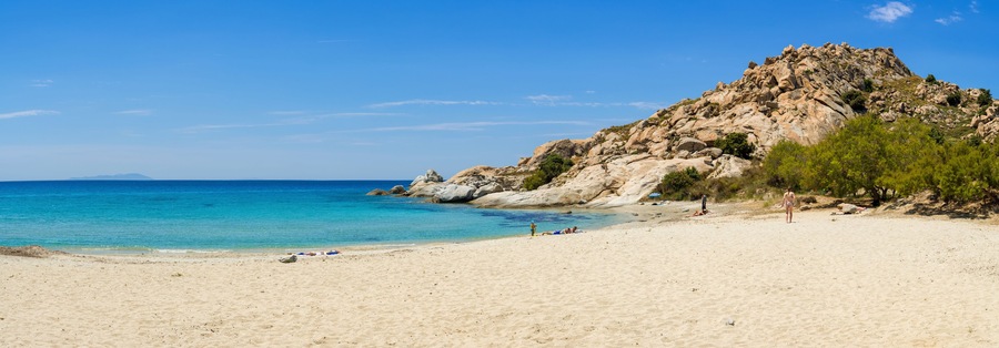 Panoramic view of Mikri Vigla beach on Naxos island. Cyclades, Greece