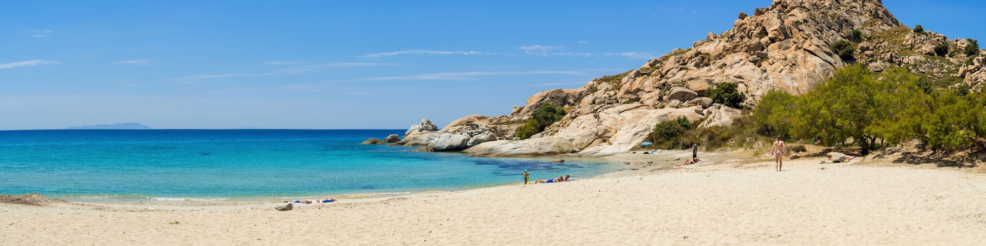 Panoramic view of Mikri Vigla beach on Naxos island. Cyclades, Greece