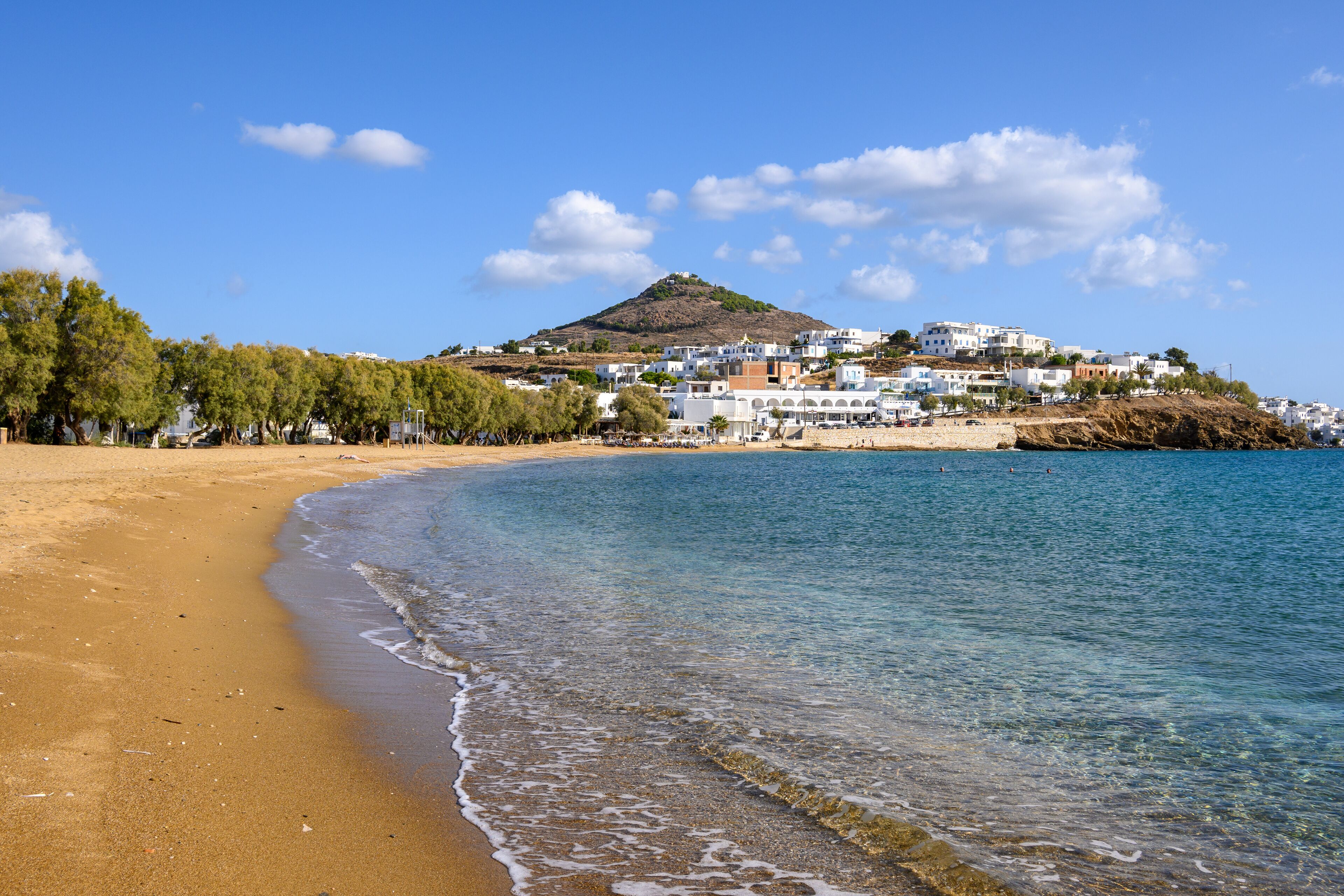 View of beautiful sandy Logaras beach with azure sea water on coast of Paros island, Greece