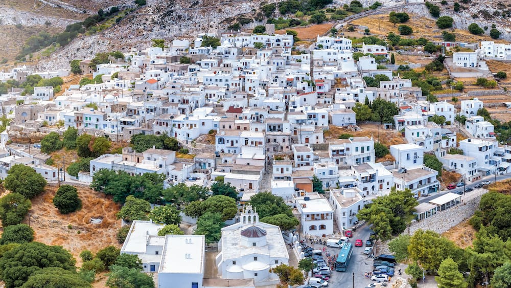 Aerial closeup view of the beautiful mountain village of Apeiranthos, Naxos island, Cyclades, Greece