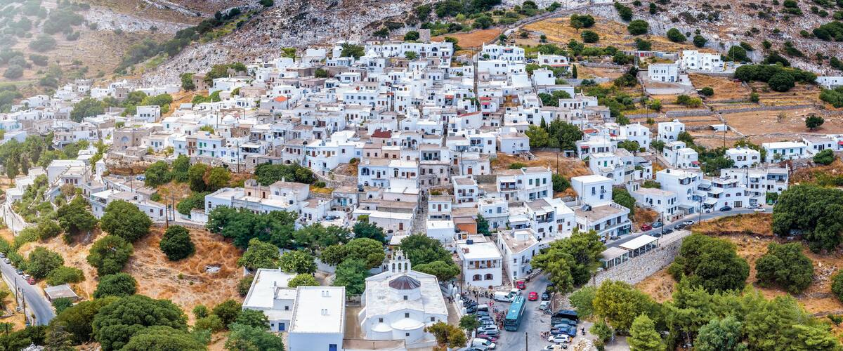 Aerial closeup view of the beautiful mountain village of Apeiranthos, Naxos island, Cyclades, Greece