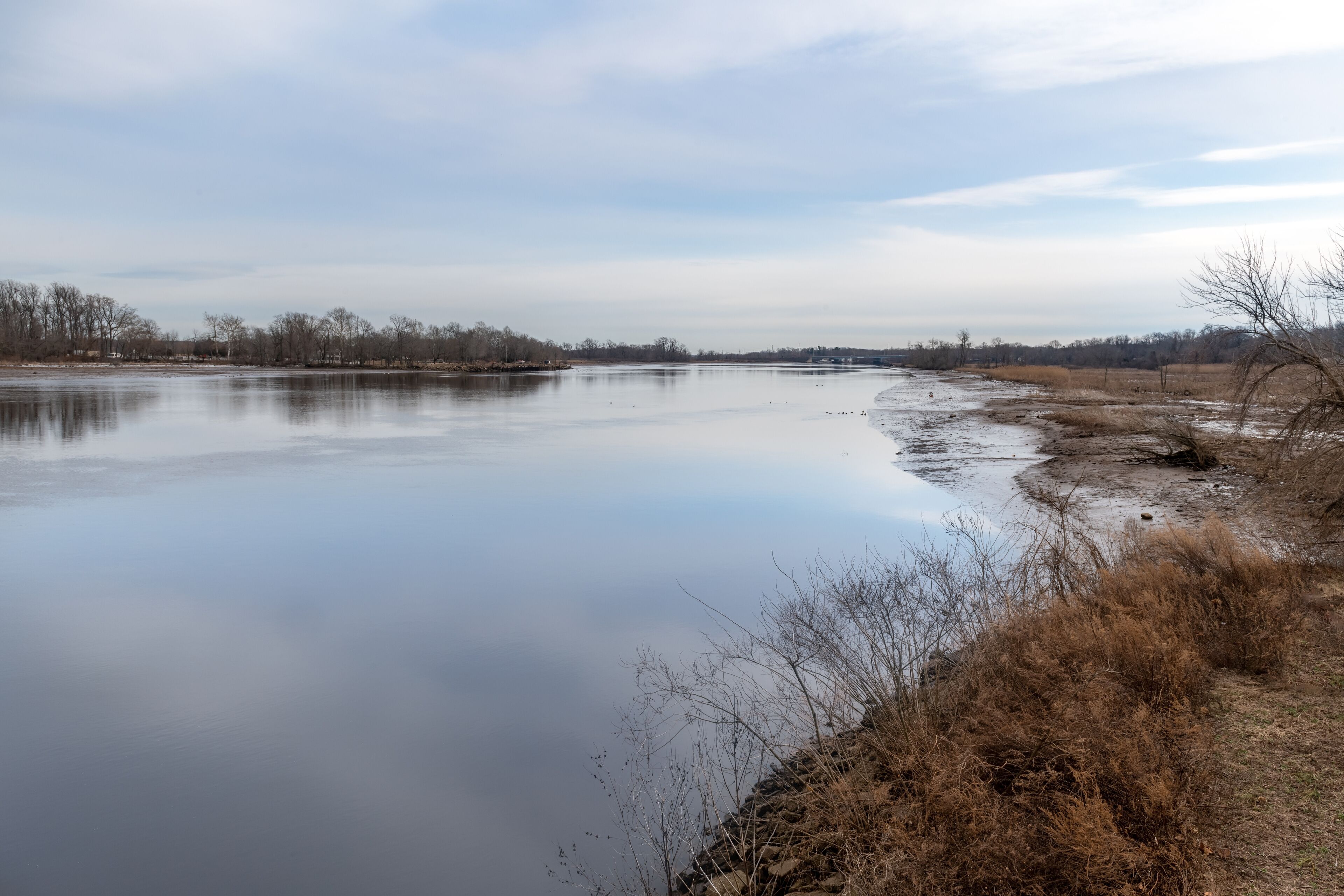 A calm river with a clear sky and sparse trees along the banks.
