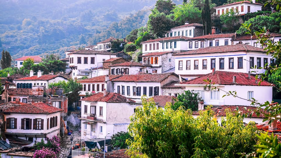 A hillside village with terracotta-roofed buildings, lush greenery, and a mountainous backdrop.
