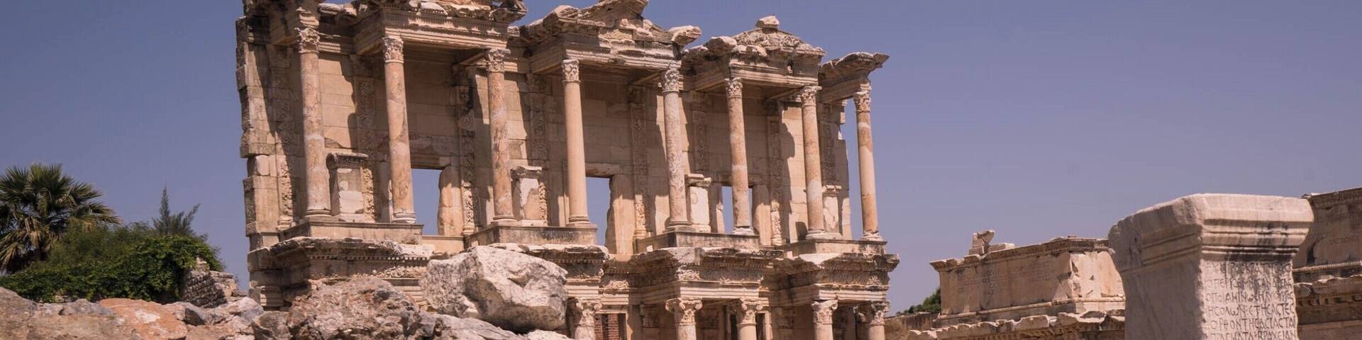 Library of Celsus, built in 114-117 AD
The city was first a Greek city about 1000 BCE, but the Romans turned it into the chief port on the Aegean.
Ephesus is one of the greatest and most preserved ruins in the Mediterranean. If you go early it's not too hot and not too crowed. It is one of the major tourist stops in Turkey, but it's still worth a visit.