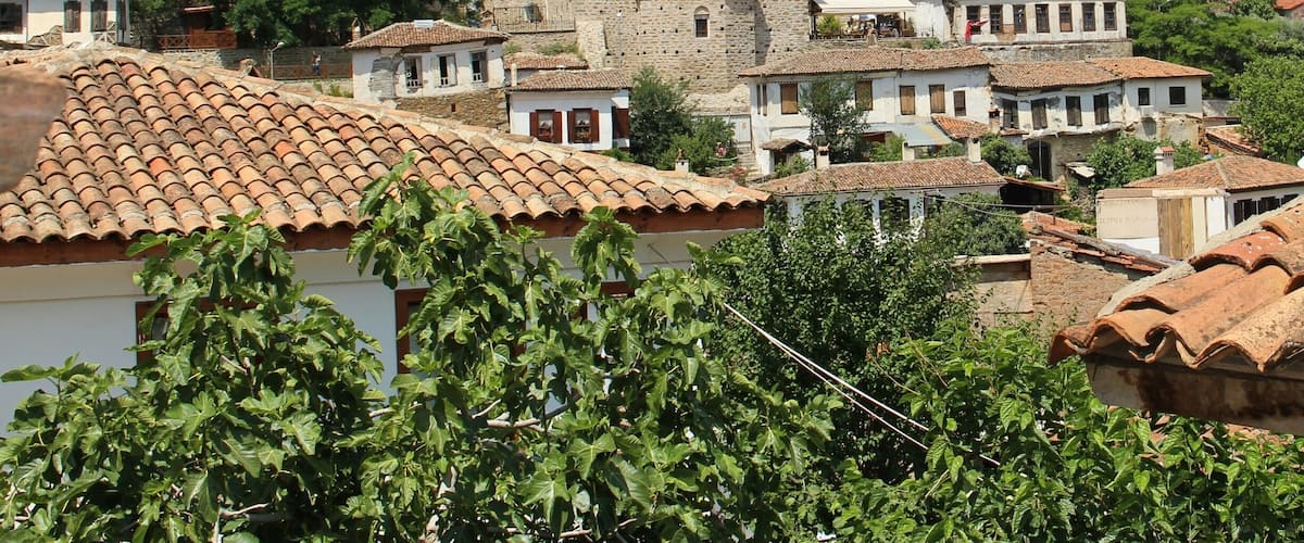Un pueblo en una ladera con tejados de tejas color terracota, edificios de piedra y abundante vegetación.