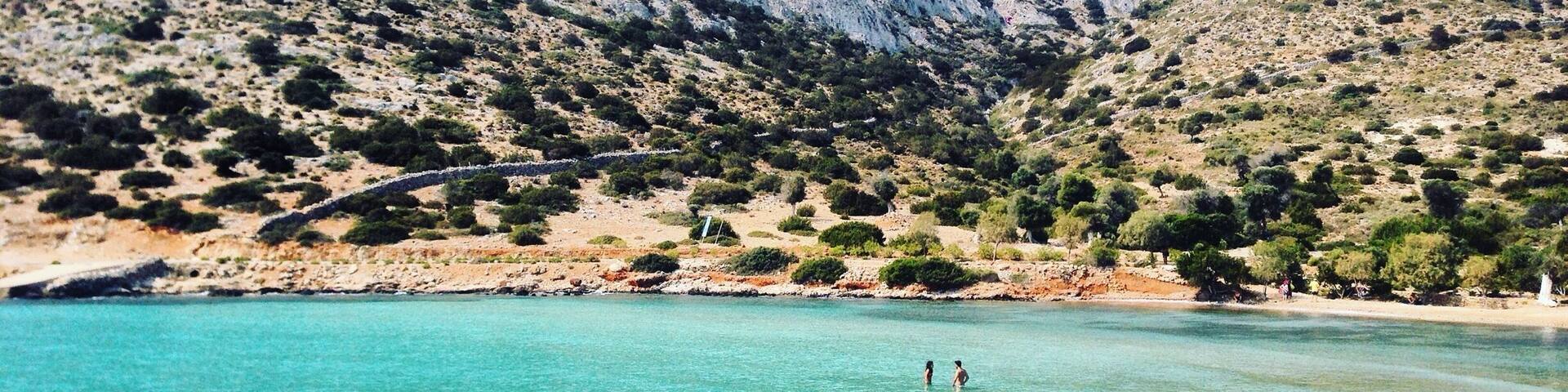 The most famous beach in Leipsoi island . Go early in the morning and it will be yours . The most beautiful colors though after 12.00 . All of these an hour by airplane from Athens , Greece