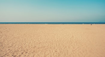 A wide sandy beach with a clear blue sky and calm sea.