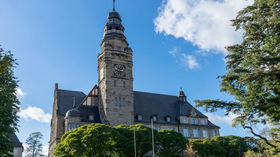 Town hall in Wittenberge, Barndenburg, Germany with blue sky and white clouds