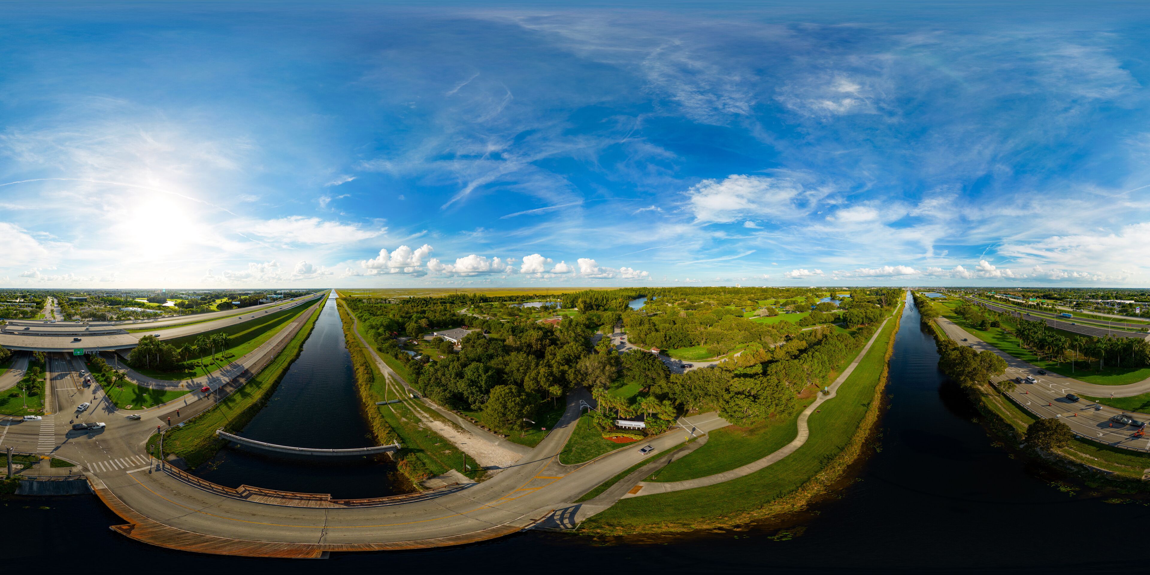 Aerial 360 equirectangular image of Markham Park Sunrise Florida USA