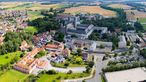 Aerial view around the old town in the city Schwarzach am Main, on an sunny spring morning